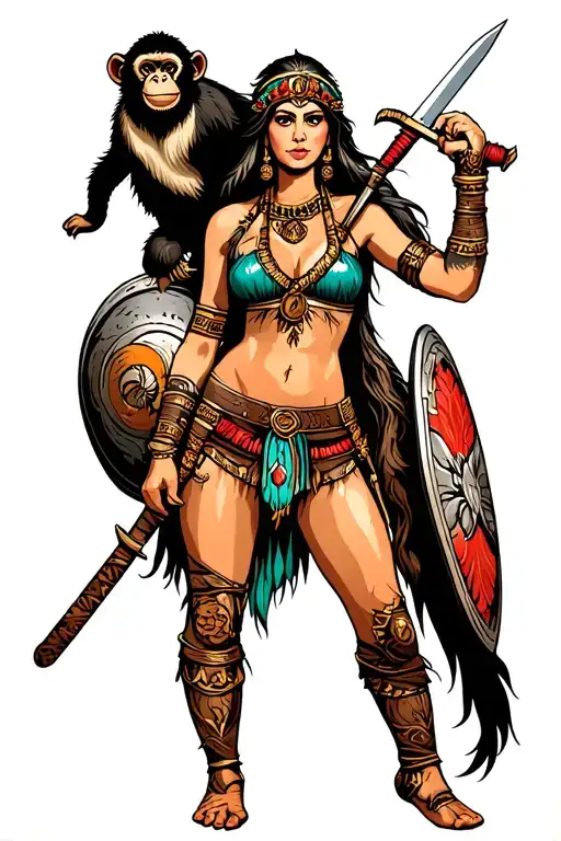 Amazonian Warrior Woman With Monkey On Shoulder Holding With Sword And Shield