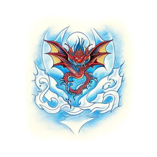 Red Dragon Breathing Blue Pheonix Shaped Fire