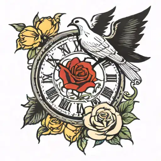 Dove In Roses Next To Clock Face And Raven In Daffodils Next To Clock Too