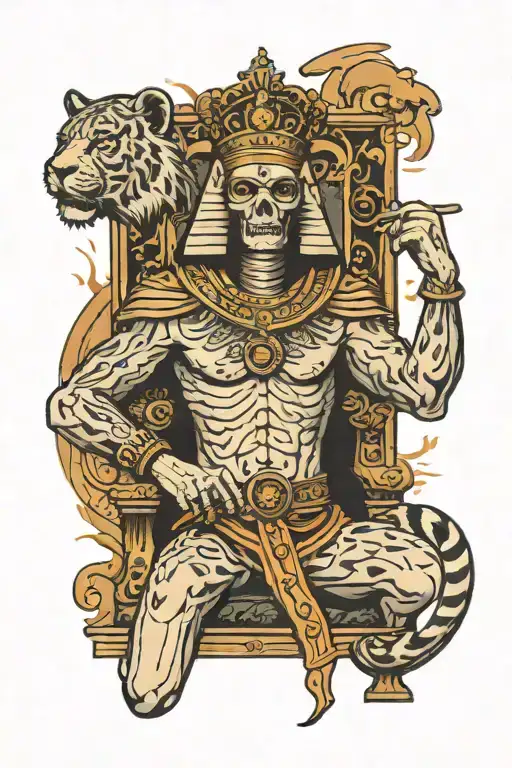 Squelette King Sitting On A Throne Surrender By The Astral Sign Tiger Aries And God Horus