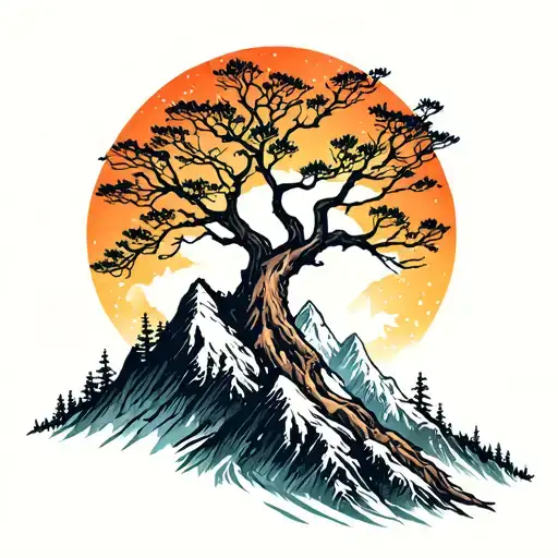 Mountain Range With A Deep Rooted Tree At The Base