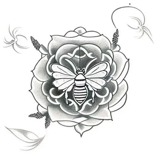 A Traditional Style Tattoo Featuring A Red Flor De Lis Intertwined With A Delicate Butterfly And Bee