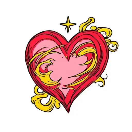 Pink Heart With Red Outline And Yellow Swirls Which Lead To Star On Top
