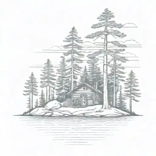 Island With Pine Tree Surrounding A Simple Cabin