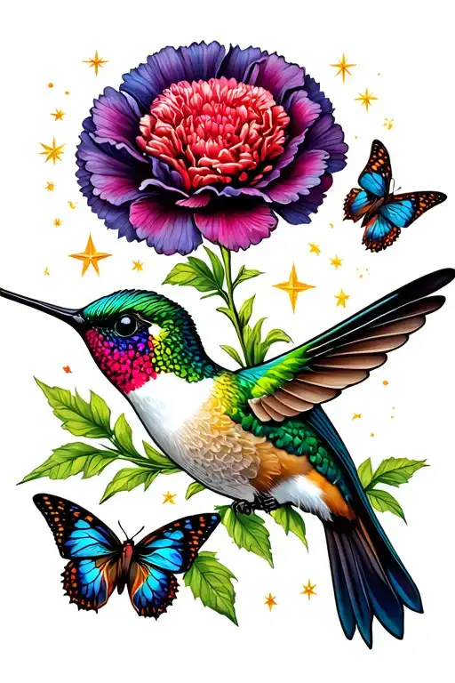Carnation Flower Hummingbird Butterflies Stars