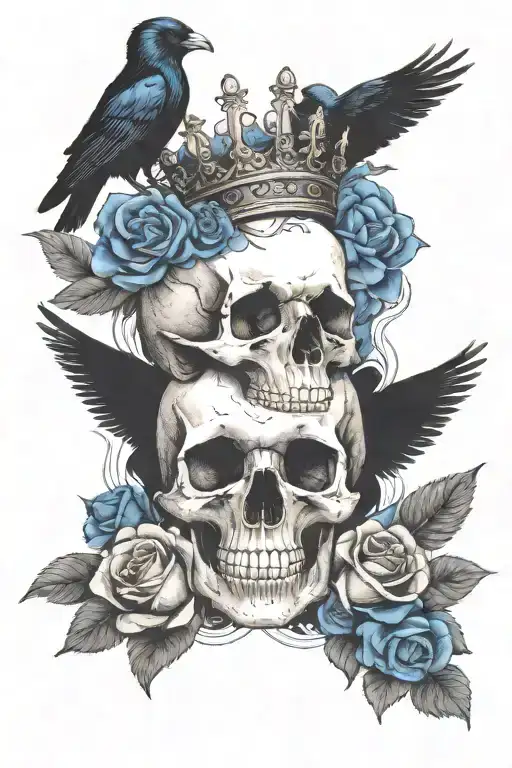 Skull Wearing Crown With Raven On Headand Blue Roses Intertwined