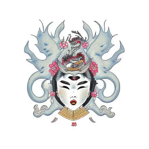 Two Geisha With Dragon And Sakura