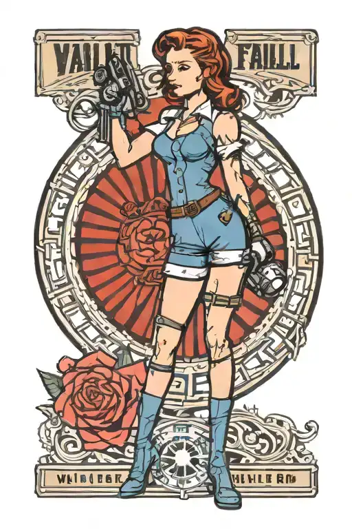 Traditional Style Tattoo - Vault Dweller Standing Pinup Girl From Fallout - Simplistic