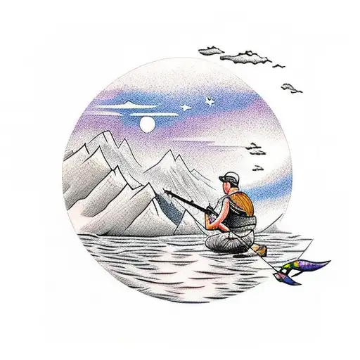 Father And Son Fishing With Mountains In The Back To Start A Sleeve