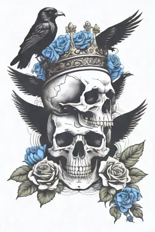 Skull Wearing Crown With Raven On Headand Blue Roses Intertwined