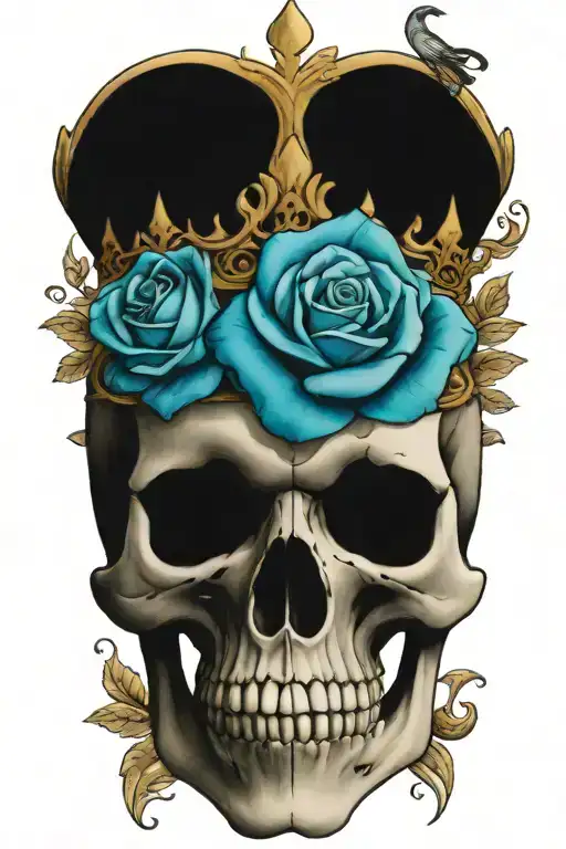 Skull Wearing Crown With Raven And Blue Roses