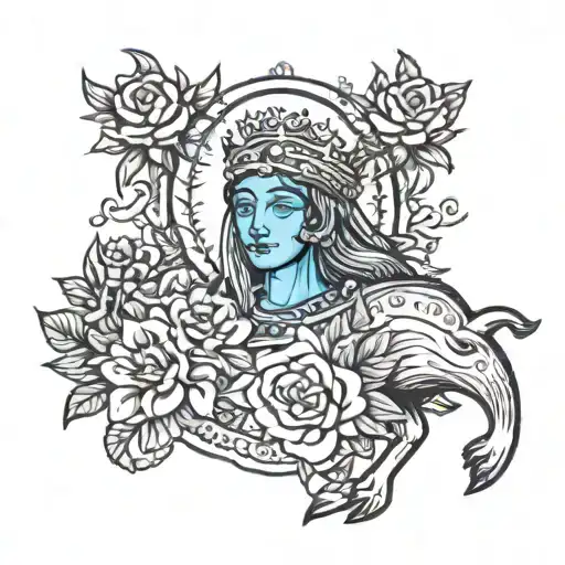 Virgen Riding A Blue Dear With A Crown Of Flowers