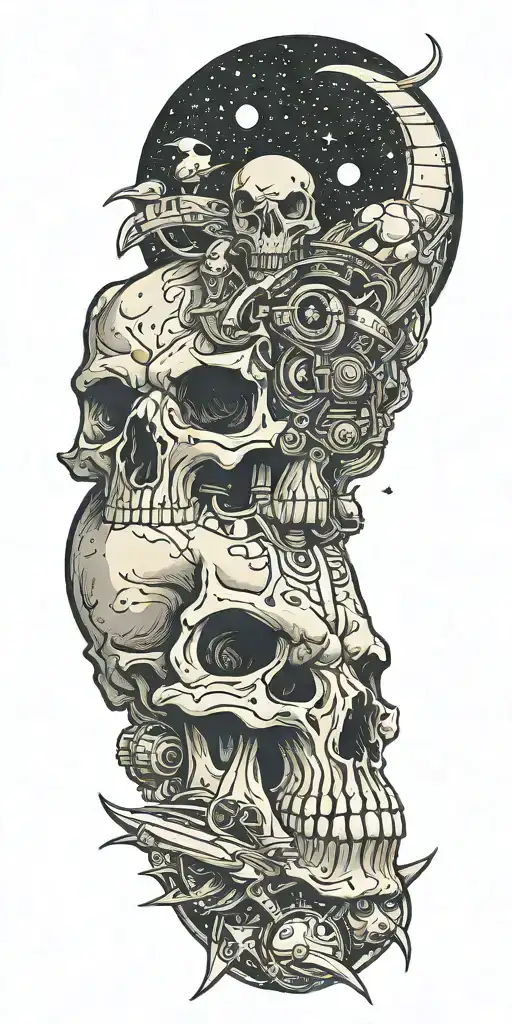 Minotaur Skull With Alien Skull And Space Background With Broken Alien Spaceships