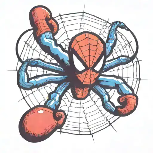 Spider From Spiderman On Web With Boxing Gloves Hanging