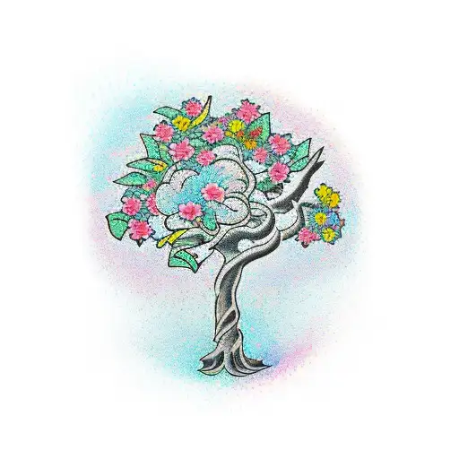 A Traditional Tattoo Of A Money Tree With Colorful Flowers Blooming From Its Branches