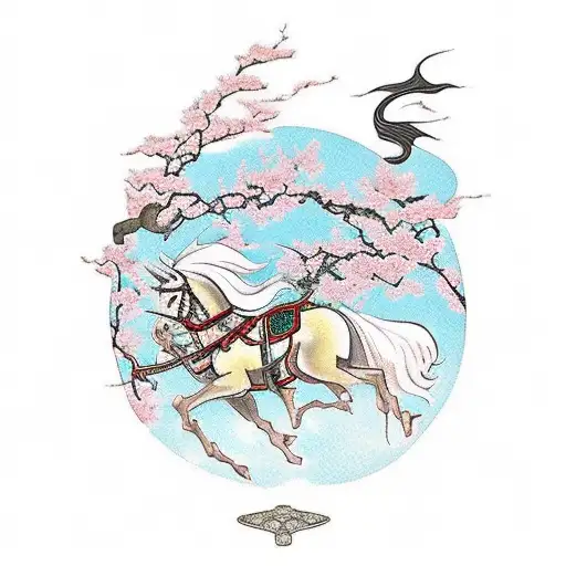 Japanese God Hachiman Riding Horse Holding Bow In Front Of Cherry Blossom Tree