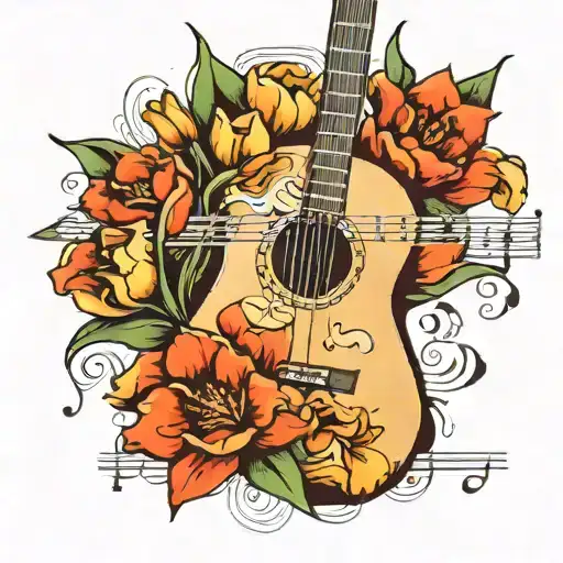 Guitar And Tulips With Sheet Music Notes Floating