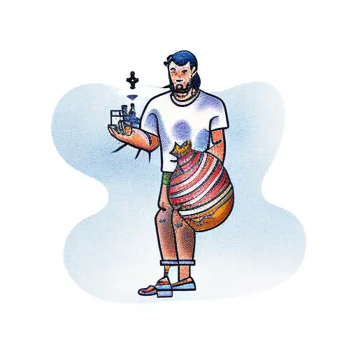 A Traditional Style Tattoo Of A Virtual Assistant Helping A Player On A Beach Level