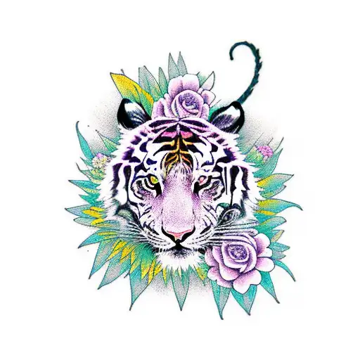 A Punk-inspired Tiger Surrounded By Flowers And Ravens