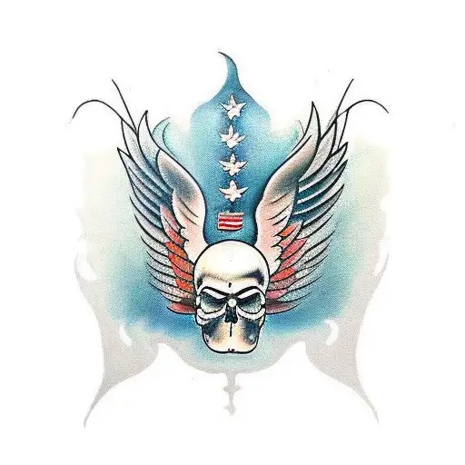 Crow With Open Wings And Skull