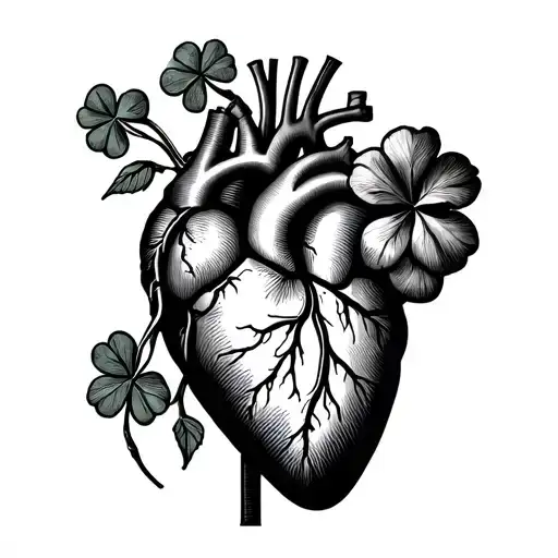 Rose And Four Leaf Clover Inside Anatomical Heart