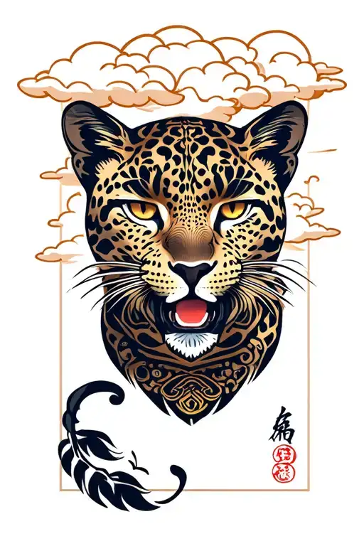 Japanese Style Cloud Background With Traditional American Tattoo Design Leopard