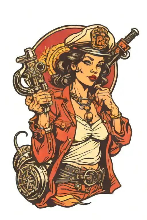 Sailor Jerry Style Firefighter Girl Holding New York Hook