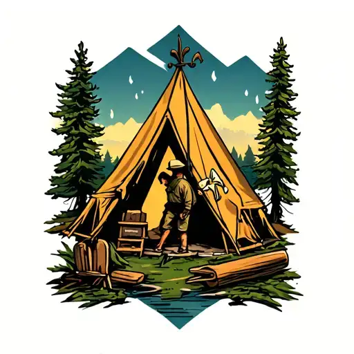Boy Scout Camping Scene With Fleur De Lis
