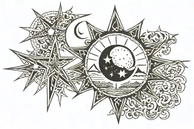 Mountain Sun Moon And Sea Stars Forming The Shape Surrounded