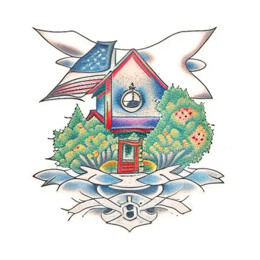 Small House On Flower And Tree Hill