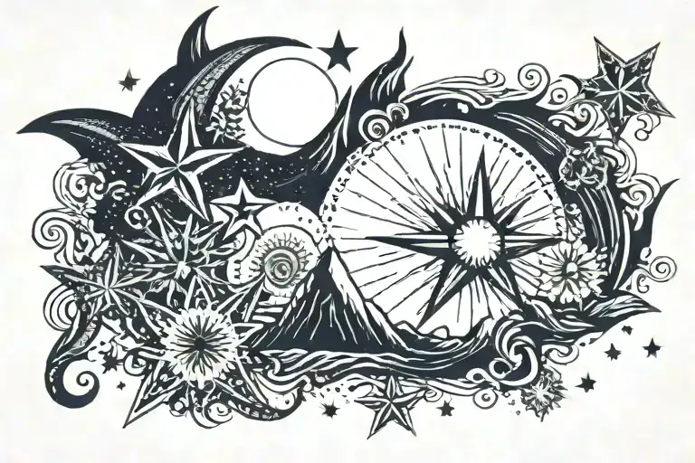 Mountain Sun Moon And Sea Stars Forming The Shape