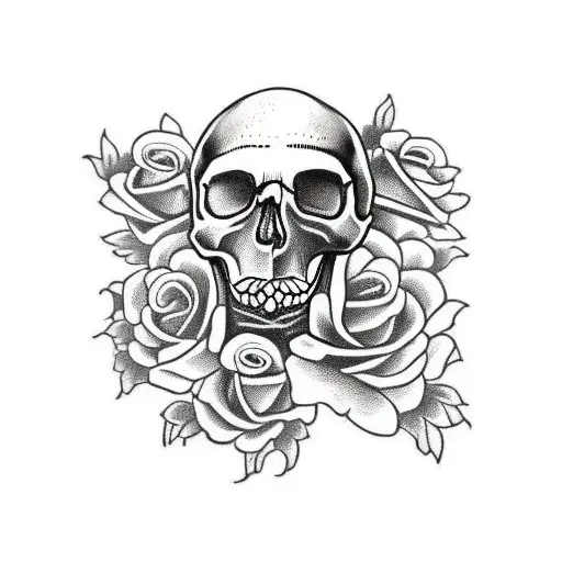 Skull With Red Roses And A Snake
