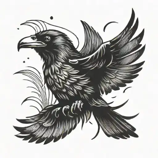 Flying Raven In Rain Storm