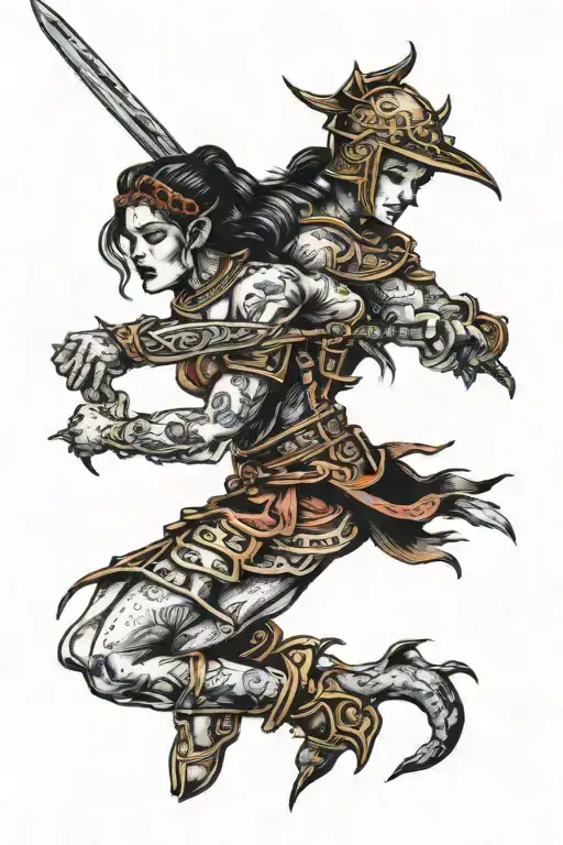 A Traditional Style Tattoo Of A Woman Warrior Embracing Her Agony And Pain In Hell