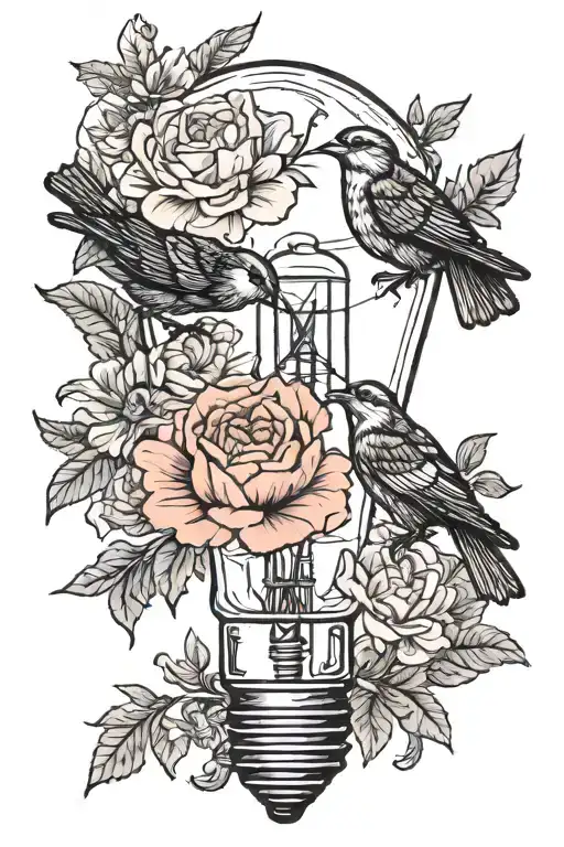 Lightbulb With Birds Inside And Carnation And Daisy Underneath The Bulb