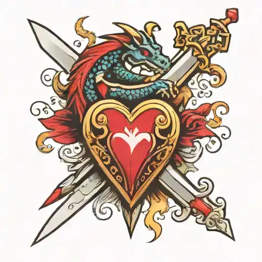 Ace Of Heart Card With A Dagger And Dragon