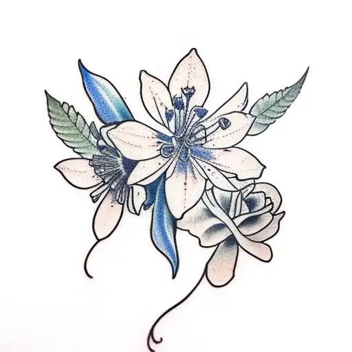 Colorado Blue Columbine Flowers And Leaves