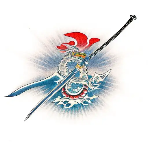 A Japanese Katana Sword On A Background Of Japanese Style Waves And Shadows