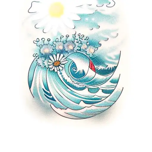 Ocean Wave With Nordic Writing And Daisy Flowers