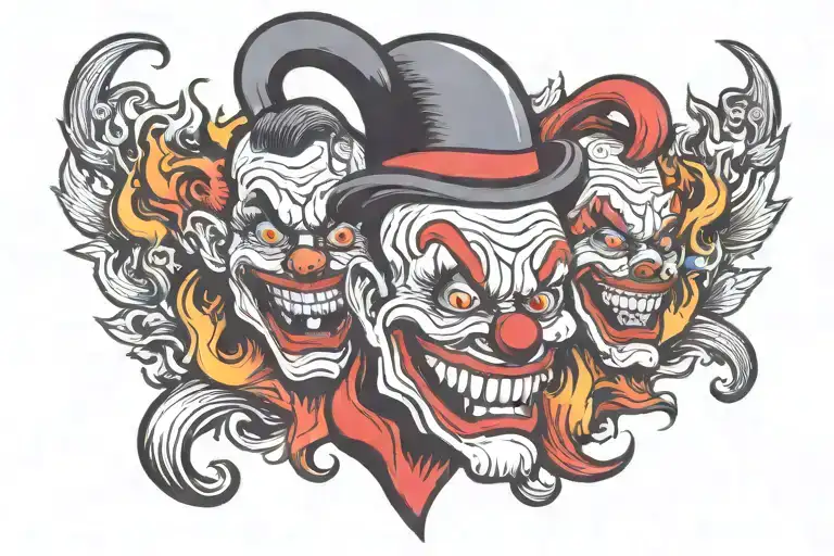 In The Middle There Is One Black Head Of An Evil Clown Around Fire