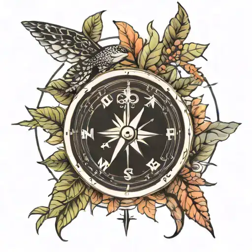 A Traditional Style Compass Surrounded By Nature Elements Like Trees And Turtles