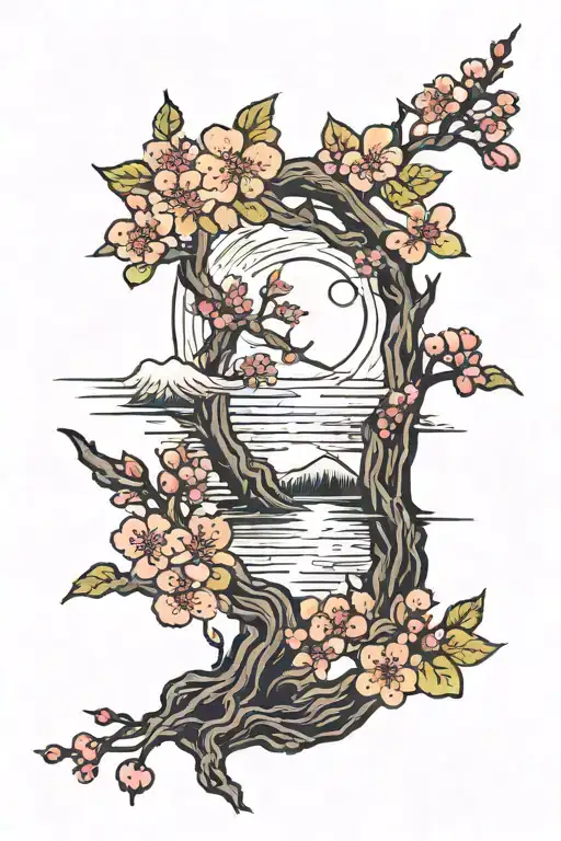 Cherry Blossom Trees With Rising Sun