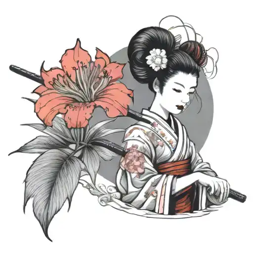 Red Spider Lily And Geisha Holding A Katana