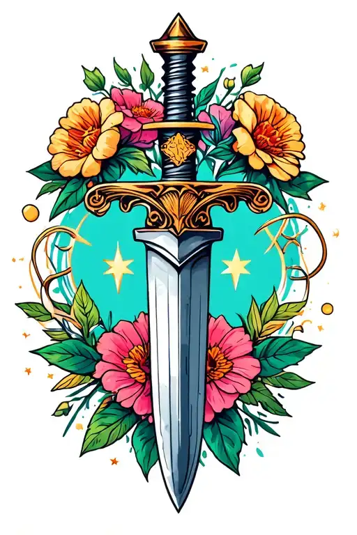 Dagger With Flowers And Stars Shining