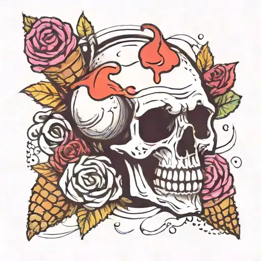 A Skull Resting On An Ice Cream Cone And Slightly Melting