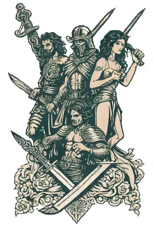 Men With Book And Wooman With Two Swords