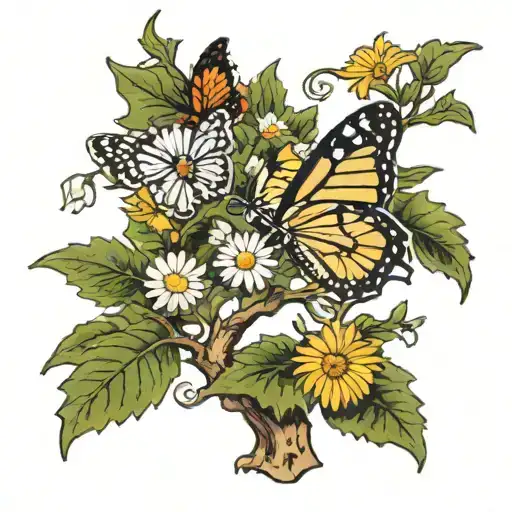 Oak Tree With A Daisy And A Butterfly Resting