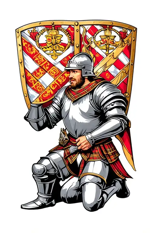 Kneeling Scottish Knight Bearing A Shield With Displaying The Royal Arms Of Scotland