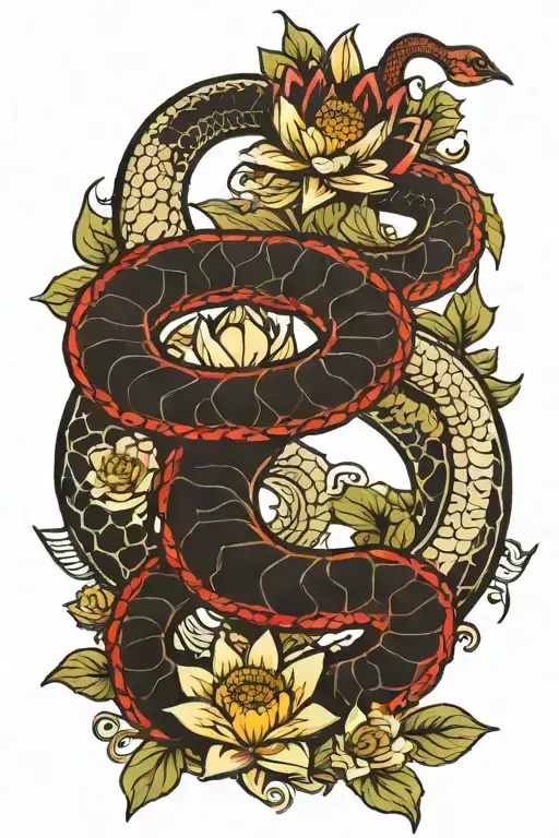 Yin And Yang Snake With Water Lily And Sunflower Intertwined