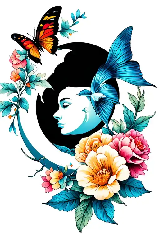 Moon And Flowers And Butterflies And Coi Fish